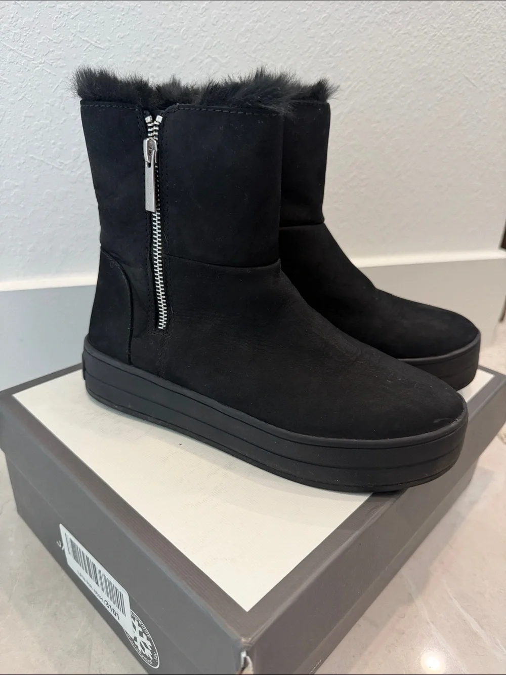J/SLIDES Black Suede Fur-Trim Platform Ankle Boots